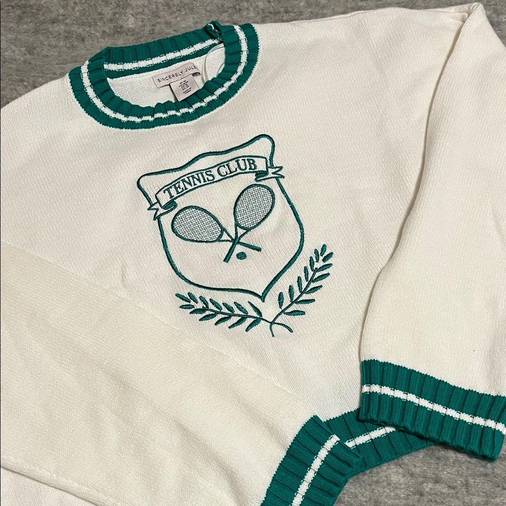 Sincerely Jules Tennis Club White & Green Varsity Crewneck Sweater